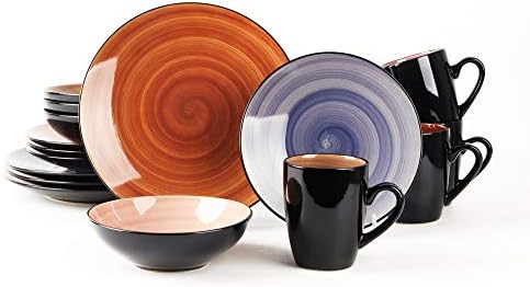 HomeVss, 16-Piece Dinnerware Set - Serves 4, Black and Speckled Purple Plates & Bowls Set | Microwave & Dishwasher Safe Mix Cobalt, Mocha, Rose, Spice by Home+VSS