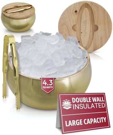 Gusto Nostro 4.1L Insulated Ice Bucket with Lid and Tongs, Double Wall Stainless Steel Ice Bucket Large, BPA Free Ice Bucket for Cocktail Bar, Keeps Champagne, Wine, Beer Chill for Parties (Gold) by GustoNostro