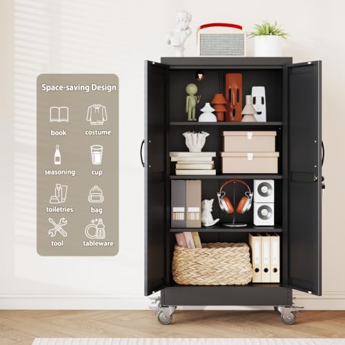 Metal Storage Cabinets with Wheels, Steel Tool Cabinets Lock Door and 3 Adjustable Shelves for Home Office, Garage, Kitchen (Black, 47.2" H) - Image 4