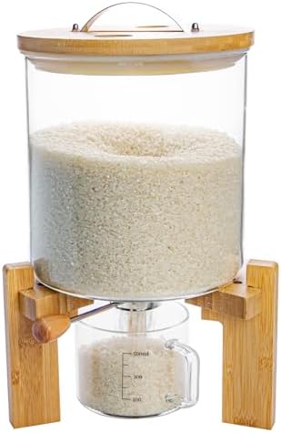 Rice Dispenser, Rice Storage Container, Flour and Cereal Container for Kitchen Organization and Pantry Store, Glass Cereal dispenser with Airtight Lid and Wooden Stand 5L by Aprilhp