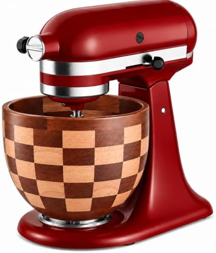 EInilata Checkerboard Wood Mixing Bowl, Compatible with 4.5 & 5 QT KitchenAid Tilt-Head Stand Mixer. Wooden Bowl for Mixer with Stainless Steel Locking Base, Natural Wood. Kitchen Gift Idea. - Image 4