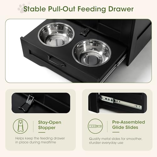 Dog Feeding Station with Storage Cabinet, Black Wood Dog Cabinet with 2 Elevated Stainless Steel Bowls, Hidden Pull-Out Feeder Drawer, Pet Feeding Station for Kitchen and Living Room - Image 5