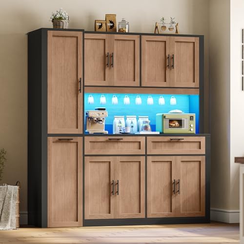 Itaar 71" Kitchen Pantry Cabinet with Charging Station and Led Light, Kitchen Storage Cabinets with Microwave Stand, 59" Wide Pantry Storage Cabinet with Storage Cart 3 Tier for Dining Room, Brown - Image 3