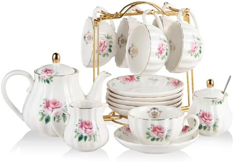 Porcelain Tea Sets British Royal Series, 8 OZ Cups & Saucer Service for 6, with Teapot Sugar Bowl Cream Pitcher Teaspoons and Tea Strainer, Suitable for High Tea, Wedding, Party(Blush Pink) by Sweejarco1949