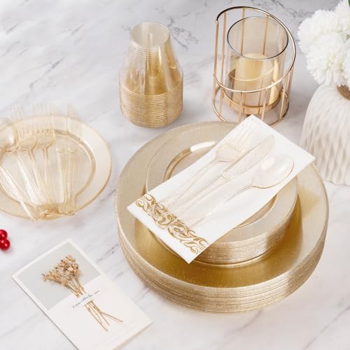 Goodluck 175 Pieces Gold Glitter Disposable Dinnerware Set for 25 Guests - Image 5