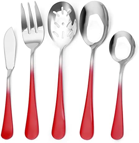 Bysta Serving Utensils Set, Gradient Red 5-Piece Hostess Set, Stainless Steel Silverware Flatware Cutlery Serving Set, Mirror Finish, Dishwasher Safe by Bysta
