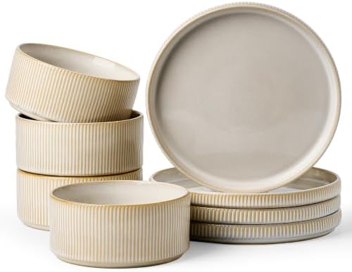 Ceramic Dinnerware Sets for 4, 8-Piece Deep Salad Plates and Cereal Bowls by FamiwarePremium