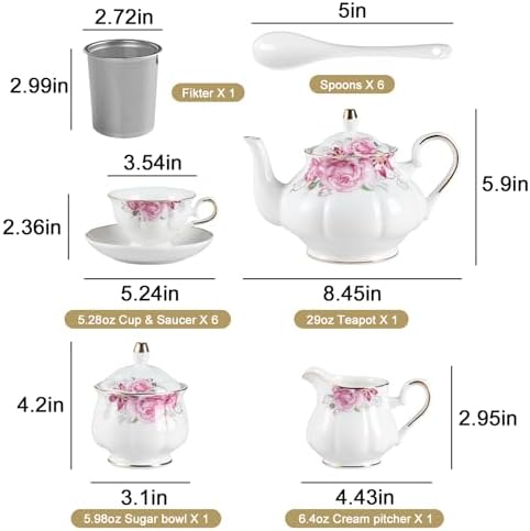 Sweejar Porcelain Tea Set Vintage Floral, British Relief Gold Rim Teapot Cup and Saucer Sets, 22-Piece Tea Sets for Adults, with Teapot, Sugar Bowl, Milk Jug, Spoons, Cup and Saucer (Pink Flower) - Image 6
