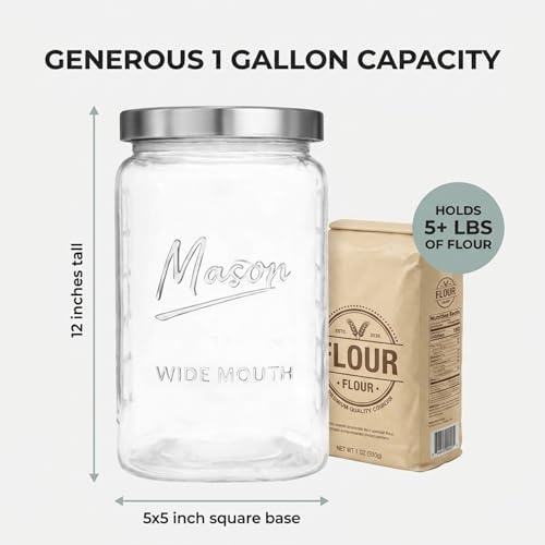 1 Gallon Glass Jars with Lids - Extra Large Mason Jars Wide Mouth with Airtight Metal Screw On Lids - Square Glass Storage Containers with Measurements for Flour, Sugar, Cookies & Pickling, 2 Pack - Image 3