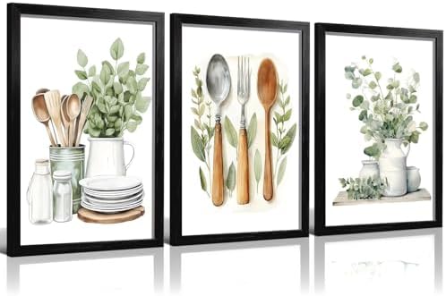 Doqueodas 3Pcs Black Framed Sage Green Kitchen Canvas Wall Art 16x24 inch by Unknown