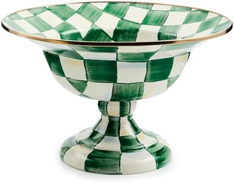 MACKENZIE-CHILDS Enamel Compote, Large, Green-and-White Emerald Check by Unknown