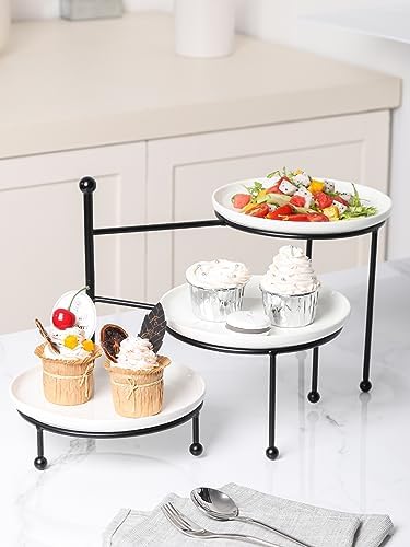 Kanwone 3 Tiered Serving Stand with White Porcelain Plates, Tiered Tray Stand, Dessert Table Display Set, 8" x 8" Tier Serving Trays with Black Metal Stand for Entertaining, 3 Tier Dessert Stand - Image 5