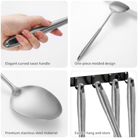 304 Stainlss Steel Kitchen Utensils Set, 12 Pcs Long Metal Cooking Utensil Gadgets Tools Set with Spatula, Ladle, Spoon, Ladle, Skimmer, Tunner, Pasta Server, Tongs(Silver, Dishwasher Safe) - Image 5