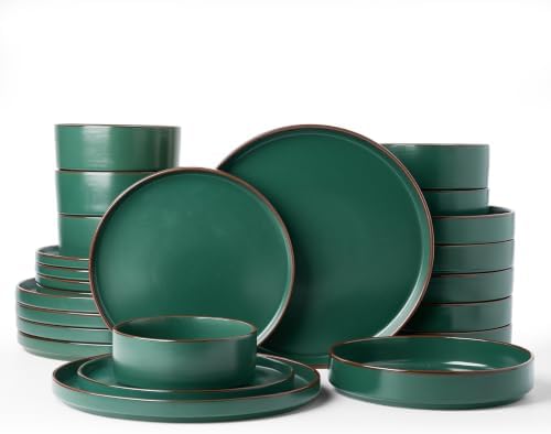 Famiware Nebula Ridge 24-Piece Dinnerware Set with Pasta Bowls, Dark Green by Famiware
