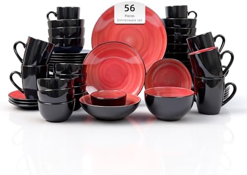 Stoneware Sonoma Dinnerware Set, Black + Speckled Spin Wash (56pc Set, Red) by HomeVSS