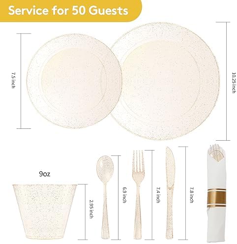 Goodluck 350 Piece Gold Glitter Plastic Dinnerware Set for 50 Guests - Image 4