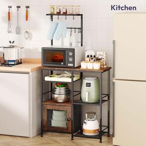 SWTYMIKI Bakers Rack with Storage - Coffee Bar Cabinet Organizer with 8 Hooks, Shelves & Cabinet Door, Coffee Station for Kitchen Dining Room, Microwave Stand with Adjustable Feet, Espresso - Image 3