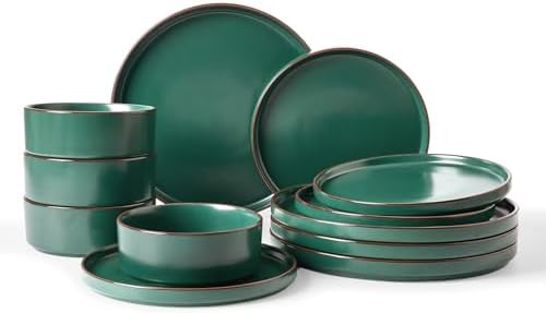 Famiware Nebula Ridge 12-Piece Stoneware Dinnerware Set, Dark Green by Famiware