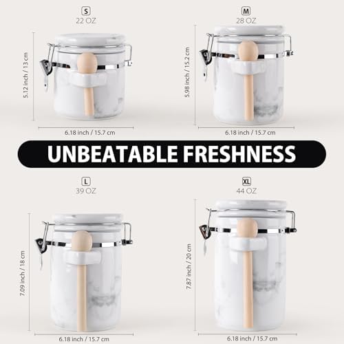 4 Piece Airtight Ceramic Canister Set With Attached Wooden Spoon Reusable Chalk Labels For Dry Goods Sugar Coffee Tea Kitchen Storage Use (Marble) - Image 6