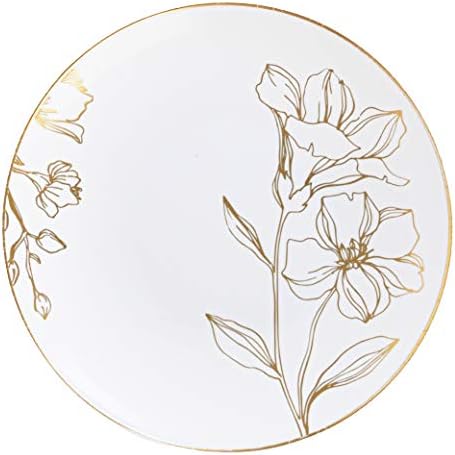 [6'' Plates 10 Count] White Plastic Floral Design Party Plates With Gold Rim Premium heavyweight Elegant Disposable Tableware Dishes by PLASTICPRO