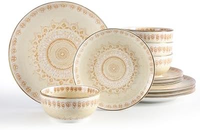 Sweejar Dinnerware Sets Service for 4, 12 pcs Porcelain Plates and Bowls for Kitchen, Housewaring Gift, Chip and Scratch Resistant Dish Set, Handmade Dishwasher and Microwave Safe Plate Set, Bohemian by Sweejarco1949