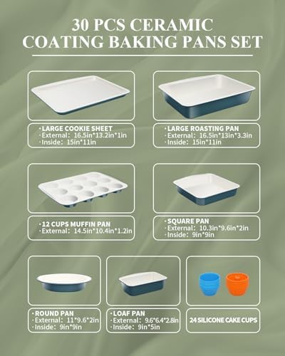 Ceramic Nonstick Baking Pans Set, Non Toxic 30 PCS Stackable Bakeware Sets, 550°F Oven Safe Baking Sheet & Pans, Warp-Free, Dishwasher Safe, PTFE/PFOA/PFOS-Free (Blue) - Image 3