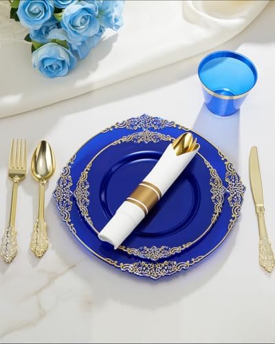 Goodluck 350 Piece Clear Blue Plastic Dinnerware Set for 50 Guests - Image 3