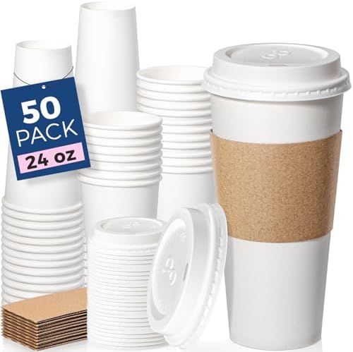Fit Meal Prep 50 Pack 24 oz Disposable Coffee Cups with Lids, Sleeves, Leak-Proof To Go Coffee Cups with Lids, Durable Hot Paper Cups for Home, Office, Party, Business by FMPBRANDS