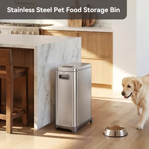 EKO 45 lb Airtight Dog Food Storage Container, Stainless Steel Pet Food Container for Kibble, Cat Food & Bird Seed, Lockable Lid, Magnetic Scoop, BPA-Free Inner Bucket, Wheels - Image 3