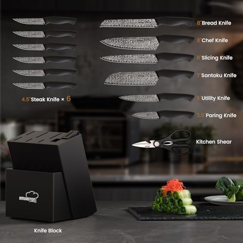 Amorston Knife Set, 15-Piece Kitchen Knife Set with Built-in Sharpener Block, German High-Carbon Stainless Steel, Dishwasher Safe, for Home Cooks and Everyday Meal Prep - Image 3