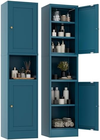 YAUWOH 2-Door Metal Storage Cabinet, Tall Slim Pantry Organizer with 3 Adjustable Shelves (120LBS/Shelf), Anti-Tipping Waterproof Cabinet for Bathroom/Kitchen/Home Office/Small Spaces,(1PC,Blue) by YAUWOHFactoryOutletsColorfulMetalFurniture