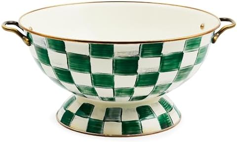 MACKENZIE-CHILDS Enamel Everything Bowl, Decorative Serving Bowl with Handles, 26-Cup Capacity, Green-and-White Emerald Check by Unknown