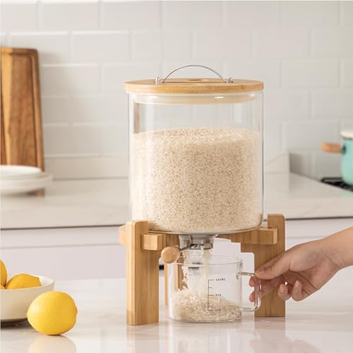 HBlife 8-10 Lbs Glass Rice Dispenser with Wooden Stand Flour and Cereal Container with Glass Measuring Cup Pantry Food Organization Storage Bin with Airtight Bamboo Lid, 5L (2 Pack) - Image 5