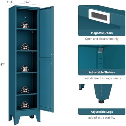 YAUWOH Narrow Metal Storage Cabinet, Tall Freestanding Cabinet with 4 Adjustable Shelves & Barn Doors, Pantry Organizer for Bathroom Kitchen Home Office Dining Room（1PC,Blue - Image 3