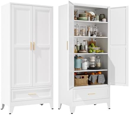 YAUWOH 71''Tall Kitchen Pantry Cabinet with Drawer,5-Tiers Metal Pantry Storage Cabinet with 4 Adjustable Shelves and 2 Barn Doors, Freestanding Farmhouse Food Cupboard for Dining Room (1PC,White) by YAUWOHFactoryOutletsColorfulMetalFurniture