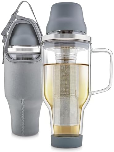 Teabloom 30 oz The Well Informed Insulated Glass Tumbler | 100% Plastic-Free & Toxin-Free | Tea Infuser + 2-in-1 Drinking Cup Lid | Travel Mug for Hot Tea, Cold Brew Coffee & Infused Water by Teabloom