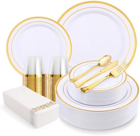350-Piece Gold Rim Plastic Dinnerware Set for 50 Guests, Elegant Disposable Dinnerware for Party, Wedding. Includes Dinner Plates, Dessert Plates, Gold Silverware, Napkins, Cups by VajilaPhil