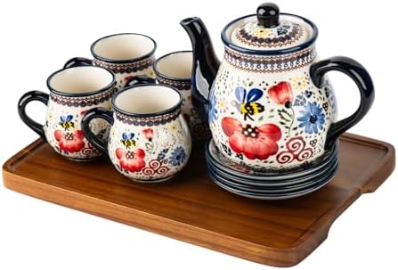 polish pottery style porcelain ceramic 10 piece Tea set,7.2oz tea cup and sauce set of 4,28.2oz teapot and 1wooden tray (Honey Bee Flower) by ONECCI