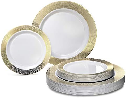OCCASIONS 240 Plates Pack,(120 Guests) Heavyweight Premium Wedding Party Disposable Plastic Plates Set -120 x 10.5'' Dinner + 120 x 7.5'' Salad/Dessert (Linen White & Gold) by OCCASIONSFINESTPLASTICTABLEWARE