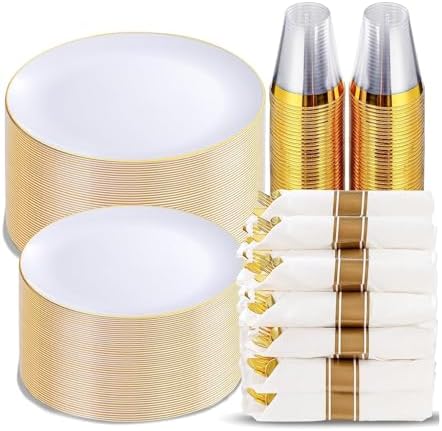KIRE 350 PCS White and Gold Plates - Plastic Dinnerware Set for Halloween by KIRE