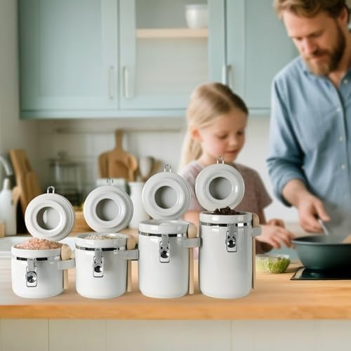 4 Piece Airtight Ceramic Canister Set With Attached Wooden Spoon Reusable Chalk Labels For Dry Goods Sugar Coffee Tea Kitchen Storage Use (White) - Image 7