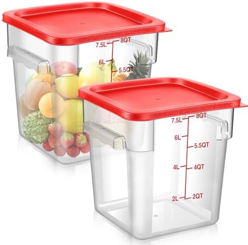 Suclain 2 Pcs Square Food Storage Container Polycarbonate Clear Food Container with Lid Commercial Rice Storage with Graduations for Commercial Kitchen(8 Qt,Red) by Suclain