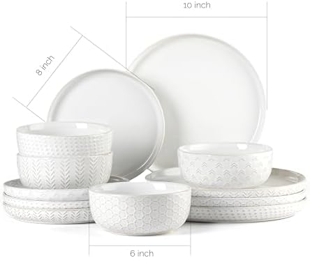 Stoneware Dinnerware Sets Service for 4, 12 pcs Reactive Glaze Plates and Bowls Sets, Embossed Boho Ceramic Dish Set, Highly Chip and Crack Resistant Farmhouse Plate Set, Ivory White - Image 3