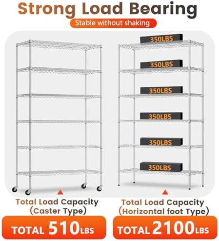 BestOffice | 6-Tier Wire Shelf with Wheels | 45" x 18" x 82" | Chrome - Image 5