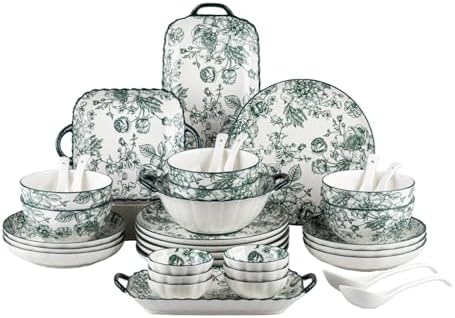Ceramic Dinnerware Set, Series Kavara Ⅱ, (Green Rose) by FANGJING