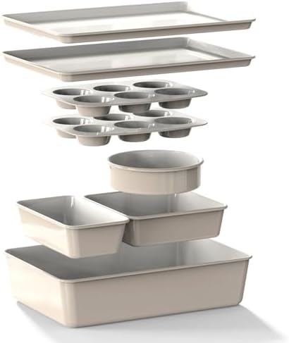 Larder & Vine 8-Piece Stackable Bakeware Set, Ceramic-Coated Nonstick Baking Pan Set, Non-Toxic, with Baking Sheets, Muffin Pan, Loaf Pan & Cake Pans, French Gray by LarderVine