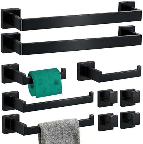 10-Pieces Bathroom Hardware Set Matte Black Bathroom Accessories Set SUS304 Towel Bar Set Includes 2 Towel Bar 16 Inch+2 Towel Holder+2 Toilet Paper Holder+4 Towel Hooks(10, Matte Black) by TAUN