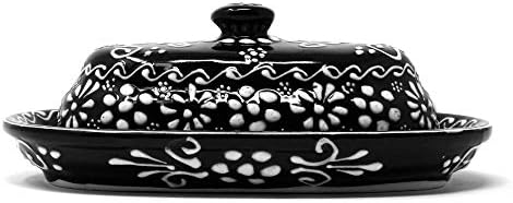 Global Crafts Butter Dish with Lid - Hand-Painted Mexican Pottery, Black - Image 3