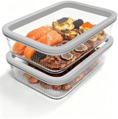 2 Pack Glass Food Storage Containers with Tempered Glass Lids & Steam Valve, 74oz(9.3 Cup) Airtight Leak-Proof Meal Prep Containers for Microwave/Oven/Freezer, Borosilicate Glass, Gift Box by BOROHOUSE