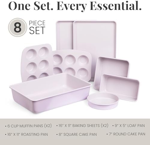 Larder & Vine 8-Piece Stackable Bakeware Set, Ceramic-Coated Nonstick Baking Pan Set, Non-Toxic, with Baking Sheets, Muffin Pan, Loaf Pan & Cake Pans, Lavender - Image 3